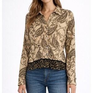 Vintage Victoria Soie Silk Blouse Women Size 8 Cream Paisley Leopard Boho Chic